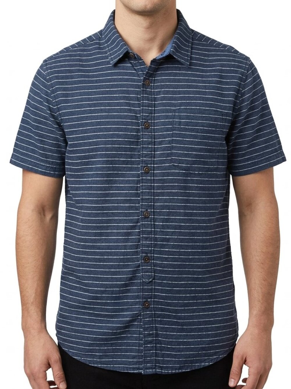 Denim & Flower Striped Cotton Casual Button Front Short Sleeve Shirt- Sz. Med
